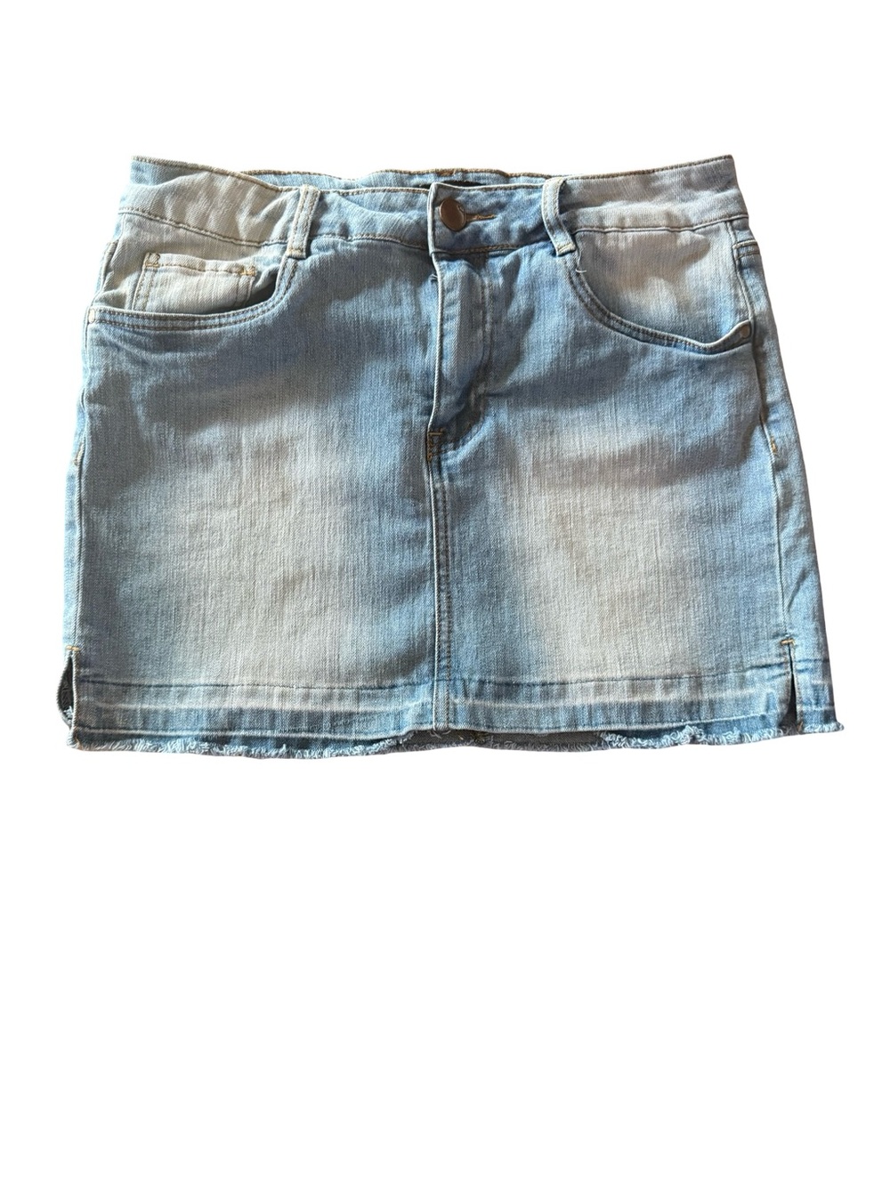 Dollhouse Y2K Low Rise Denim Mini Skirt Light Wash Frayed Hem Size 28